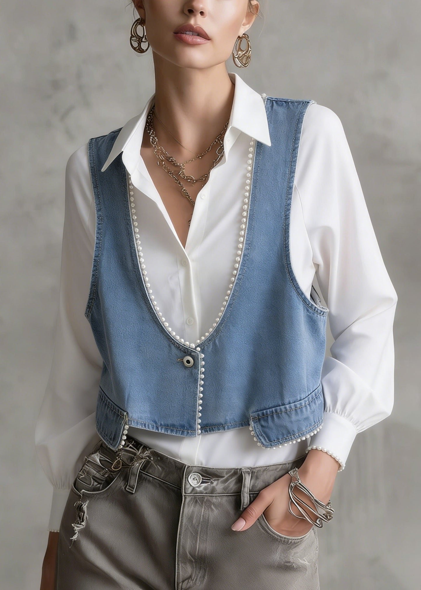 Blue V Neck Pearl Edge Patchwork Denim Vest Sleeveless