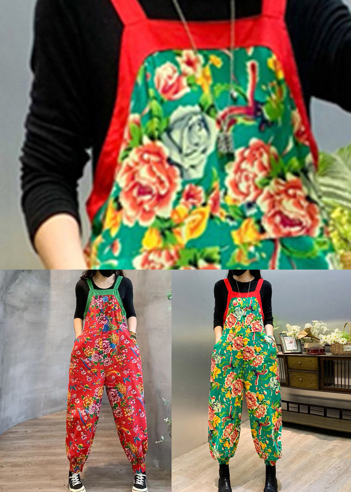 Red High Waist Patchwork Cotton Jumpsuits Pockets Fall