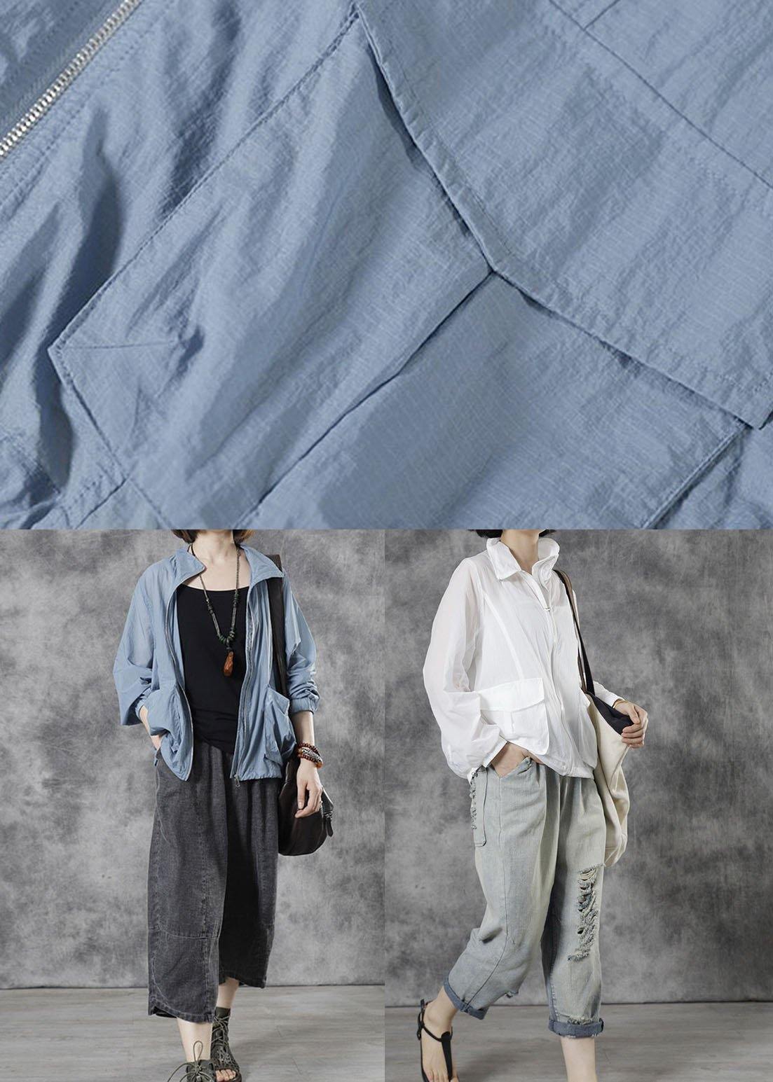Diy Blue Stand Collar Zippered Fall Long Sleeve Top