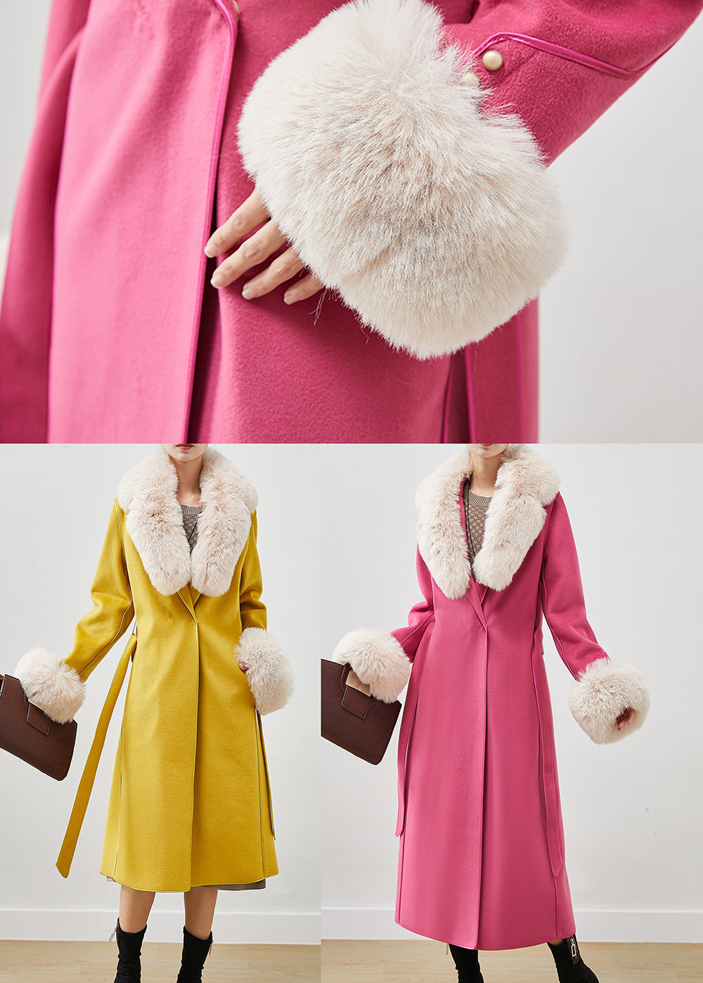 Stylish Yellow Fur Collar Tie Waist Woolen Coats Fall