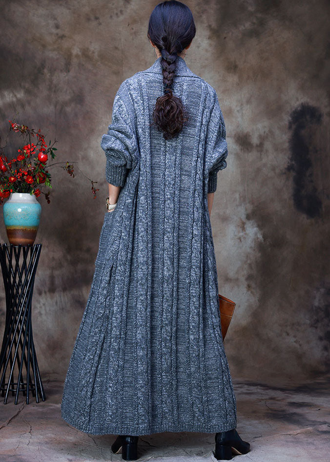 Loose Grey V Neck Woolen Knit Trench Coats Spring