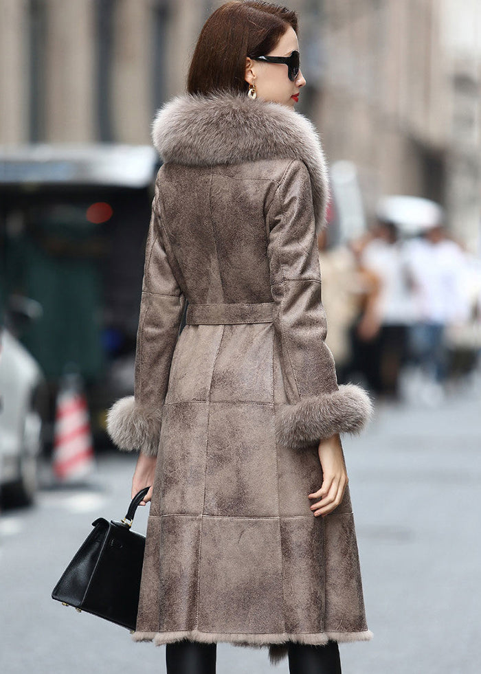 Khaki Fox Collar Cinched Fuzzy Rabbit Leather and Fur Coats Winter