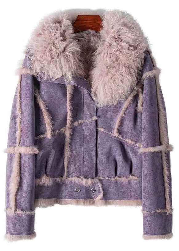 Dark Grey Rabbit Hair Collar Zippered Patchwork Leather and Fur Coat Winter