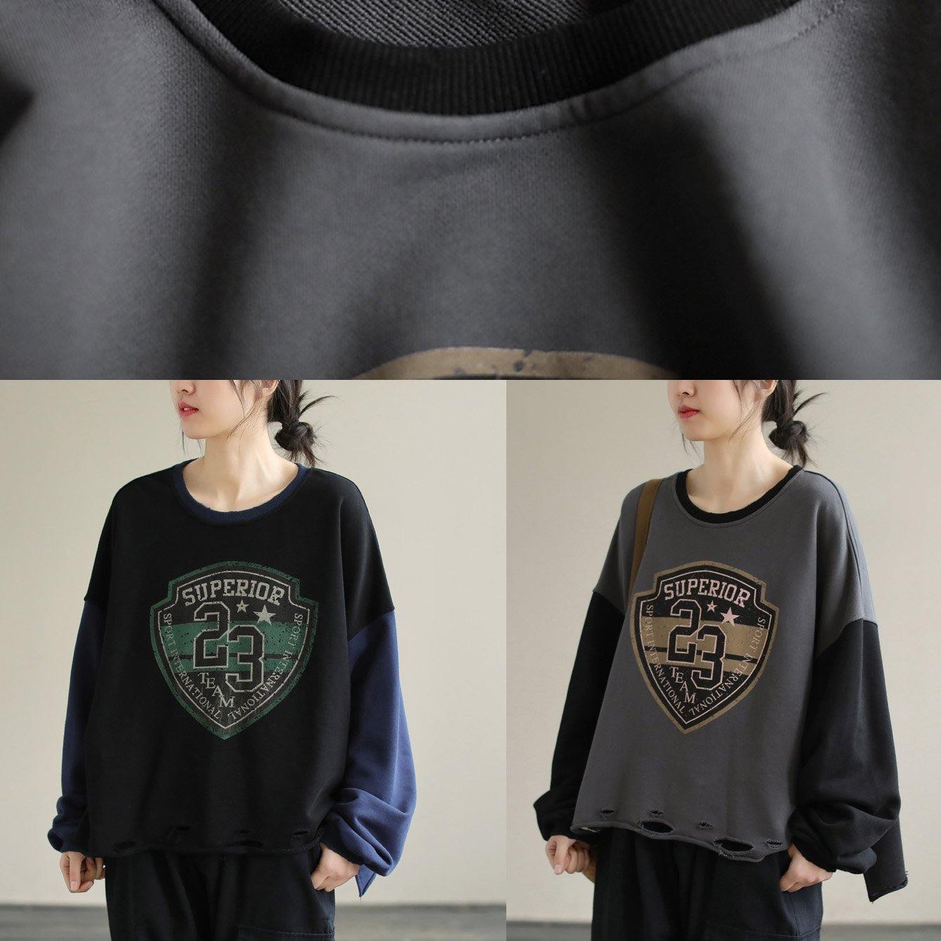 Gray Alphabet Prints Cotton Tunics for Patchwork Daily Spring Top