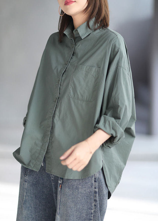 Green Peter Pan Collar Patchwork Cotton Shirt Top Spring