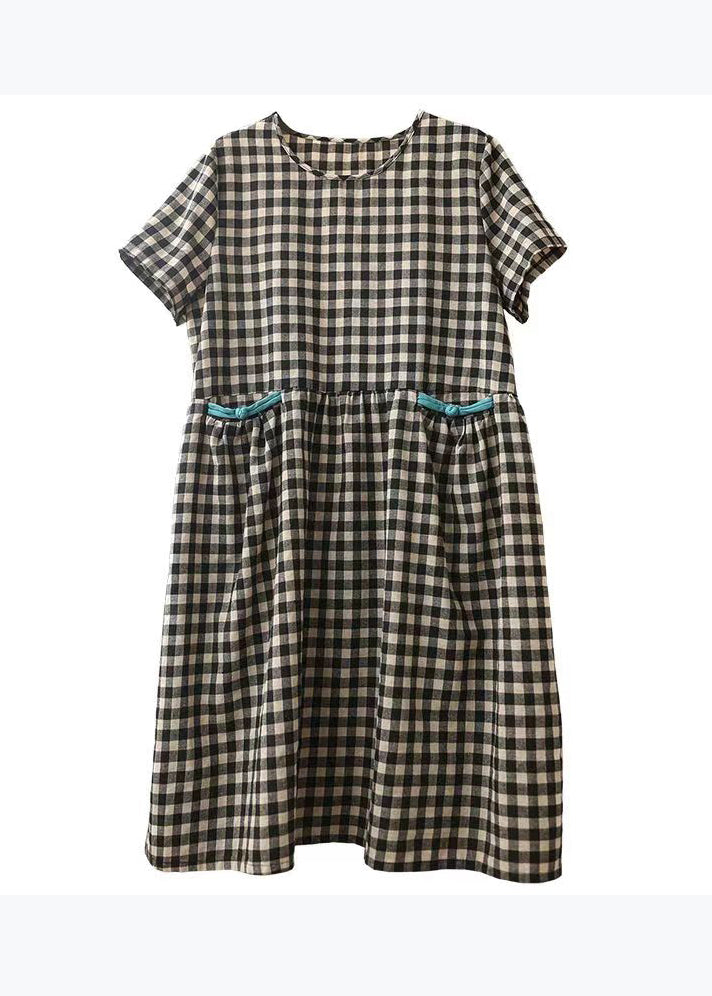 Black Plaid O-neck Patchwork Cotton Mid Dress Summer