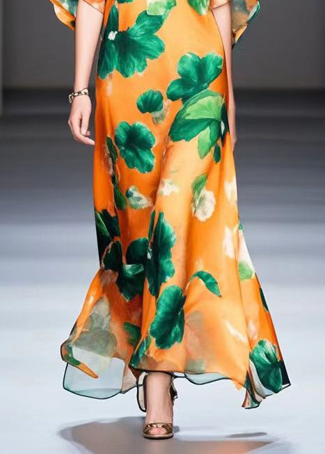 Orange Oversized Print Silk Maxi Dress Summer