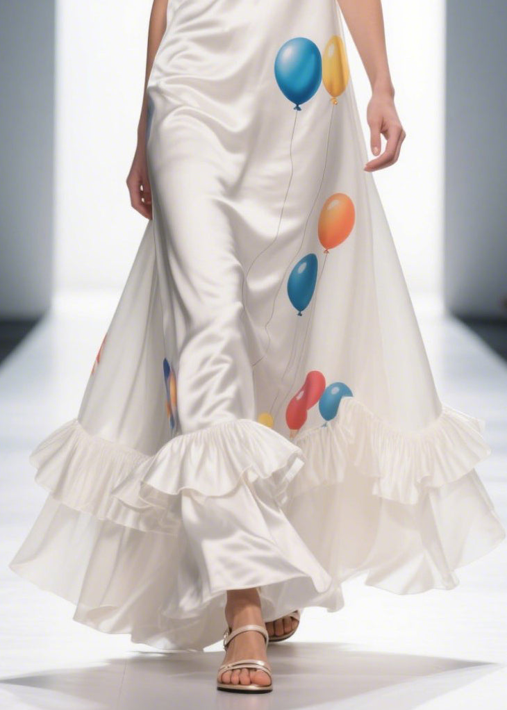 Milk White Ruffled Print Silk Vestidos Dress Summer