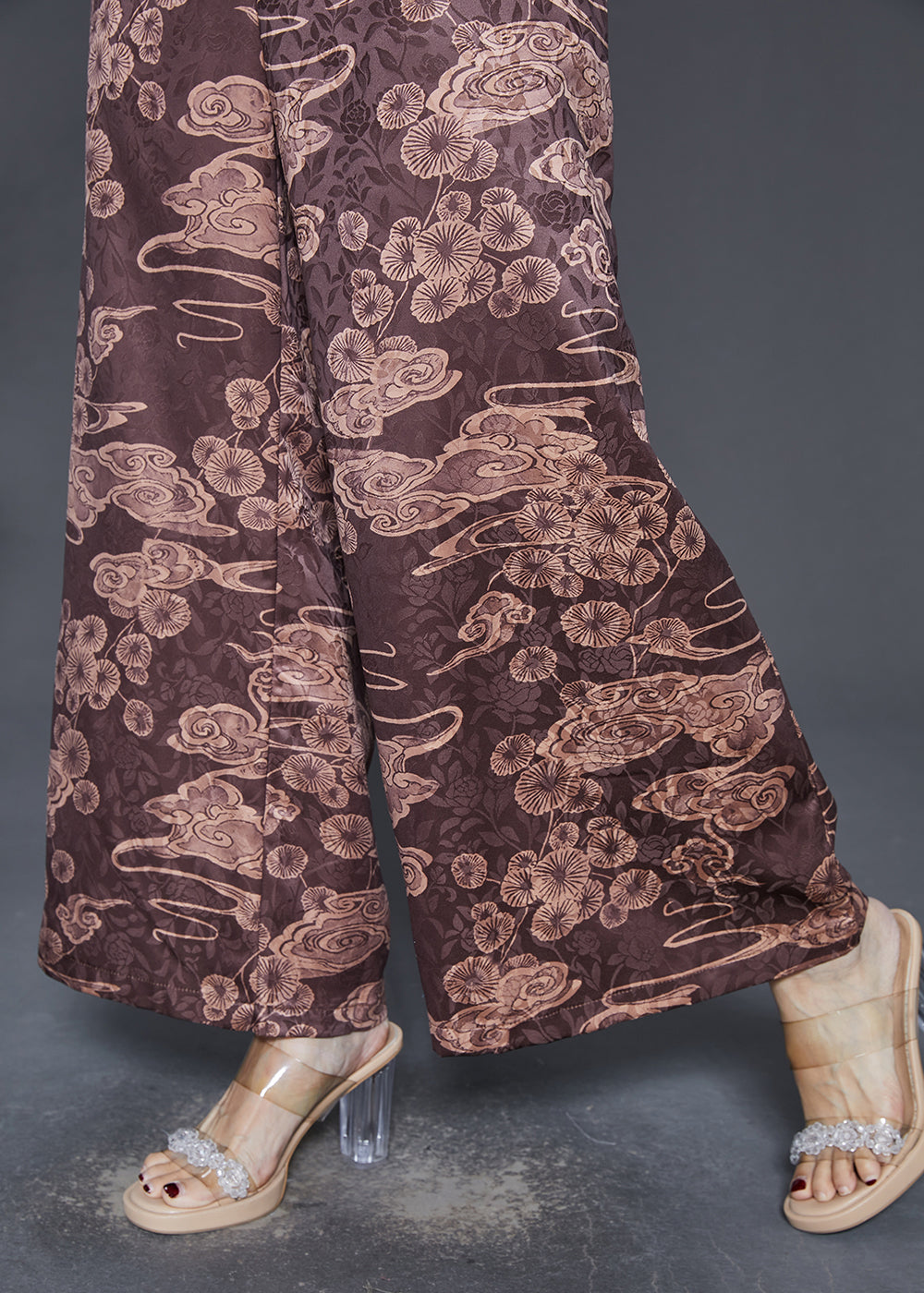 Brown Elastic Waist Print Silk Wide Leg Pants Spring