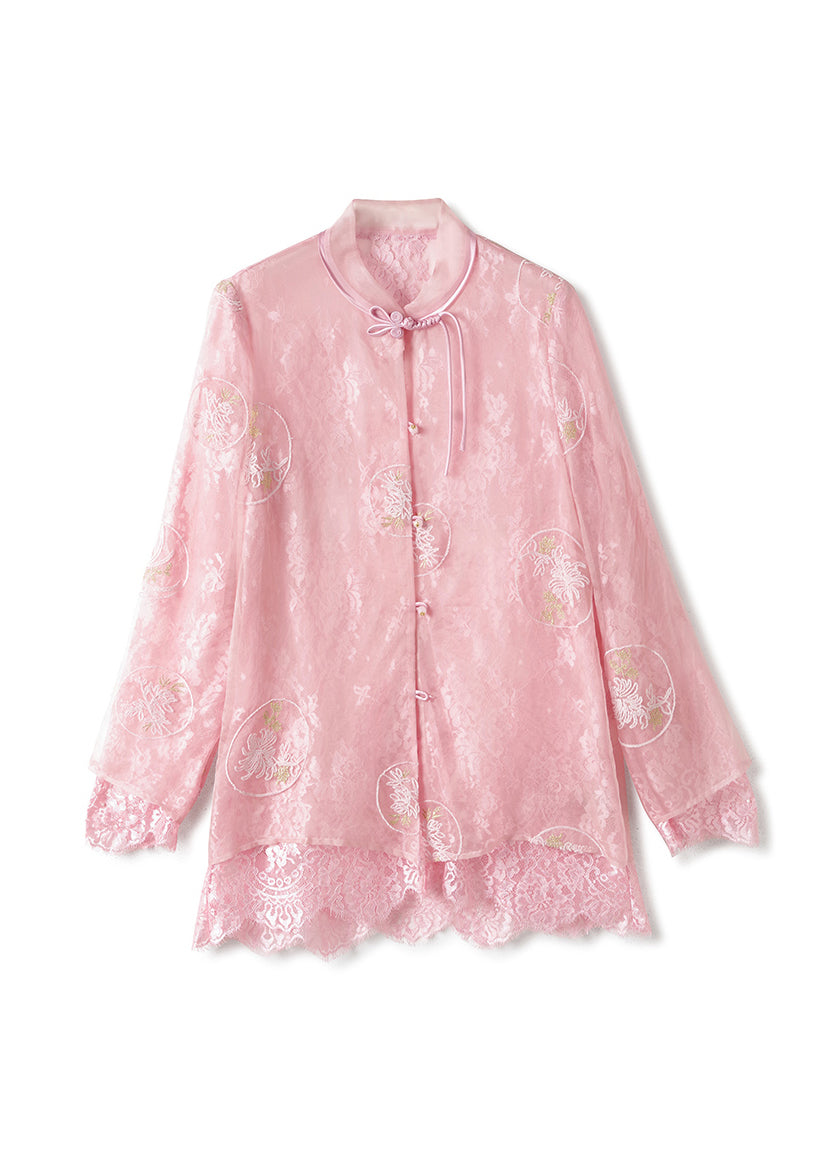 White Embroidered Lace Patchwork Silk Shirts Top Spring