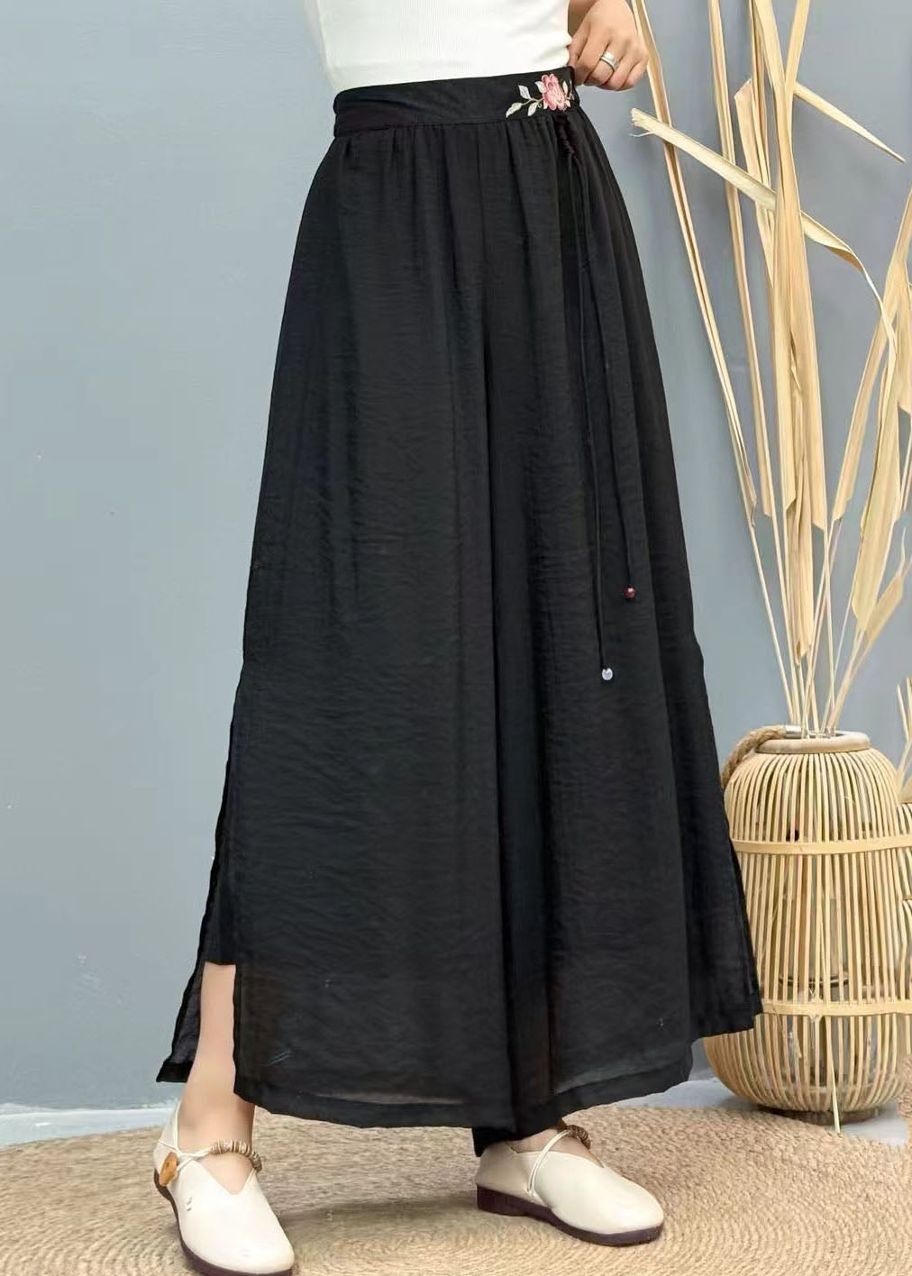 Black Tasseled Embroidered Linen Wide Leg Pants Summer