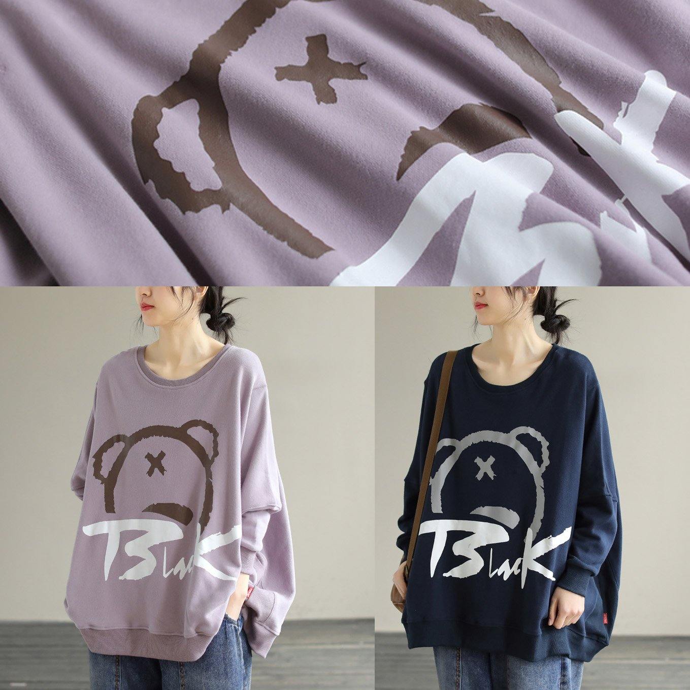 Modern Purple Cartoon Print Cotton Shirts O Neck Loose Spring Shirts
