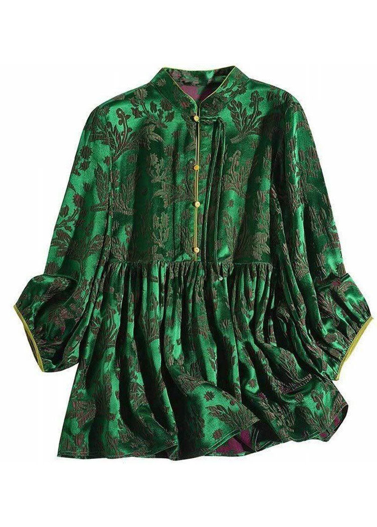 Green Stand Collar Wrinkled Jacquard Silk Shirt Tops Bracelet Sleeve