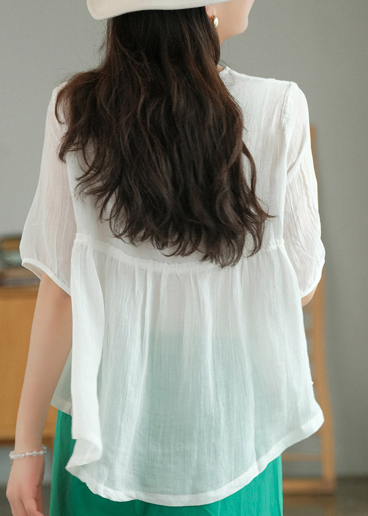 White V Neck Embroideried Patchwork Button Linen Shirt Half Sleeve