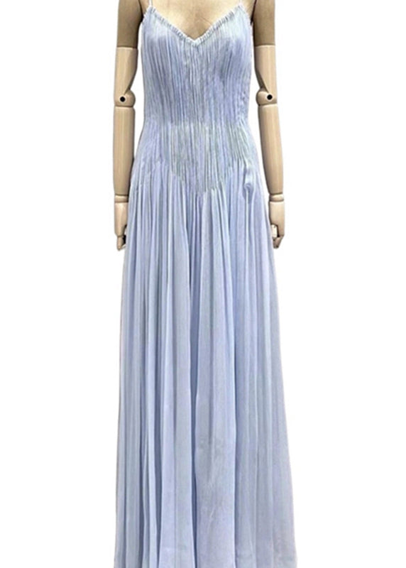 Blue V Neck Wrinkled Cotton Spaghetti Strap Dress Summer