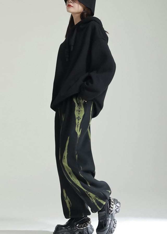 Black Hooded Patchwork Warm Fleece Sweatshirts Tracksuits Winter