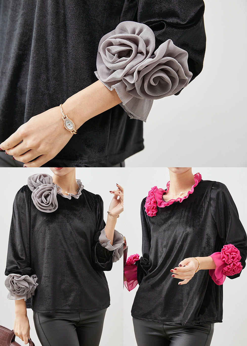 Rose Ruffled Silk Velour Shirt Spring