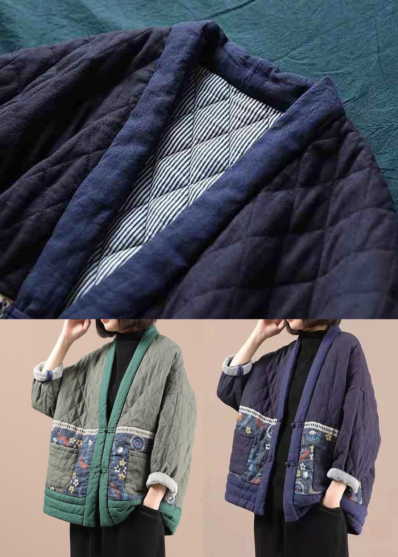 Green V Neck Pockets Fine Cotton Filled Jacket Winter