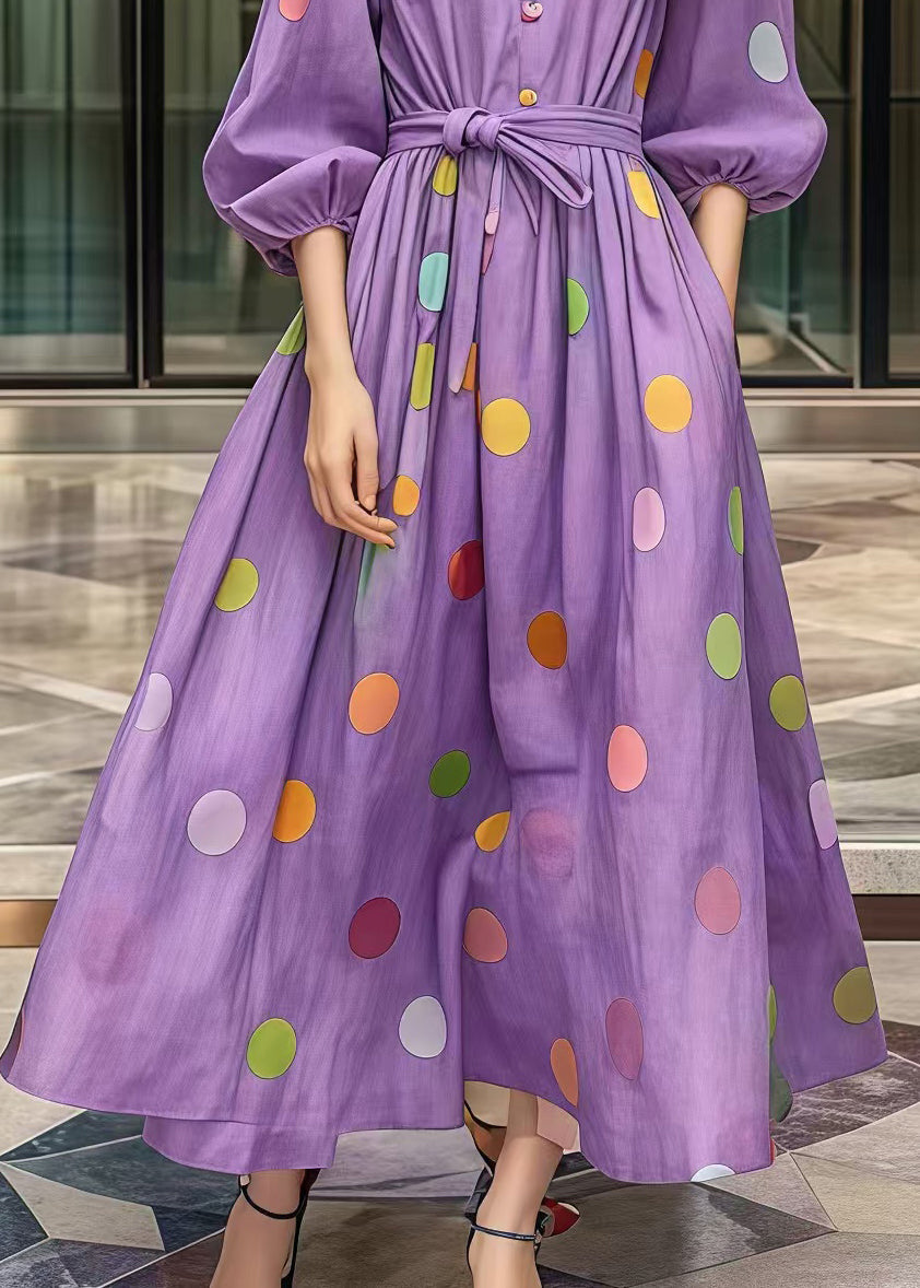 Purple Tie Waist Print Cotton Robe Dresses Fall