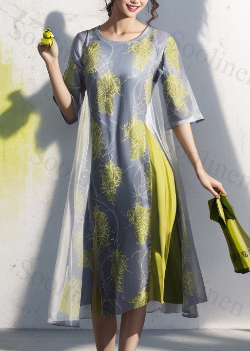Art Grey Print Patchwork Silk Long Dresses Summer
