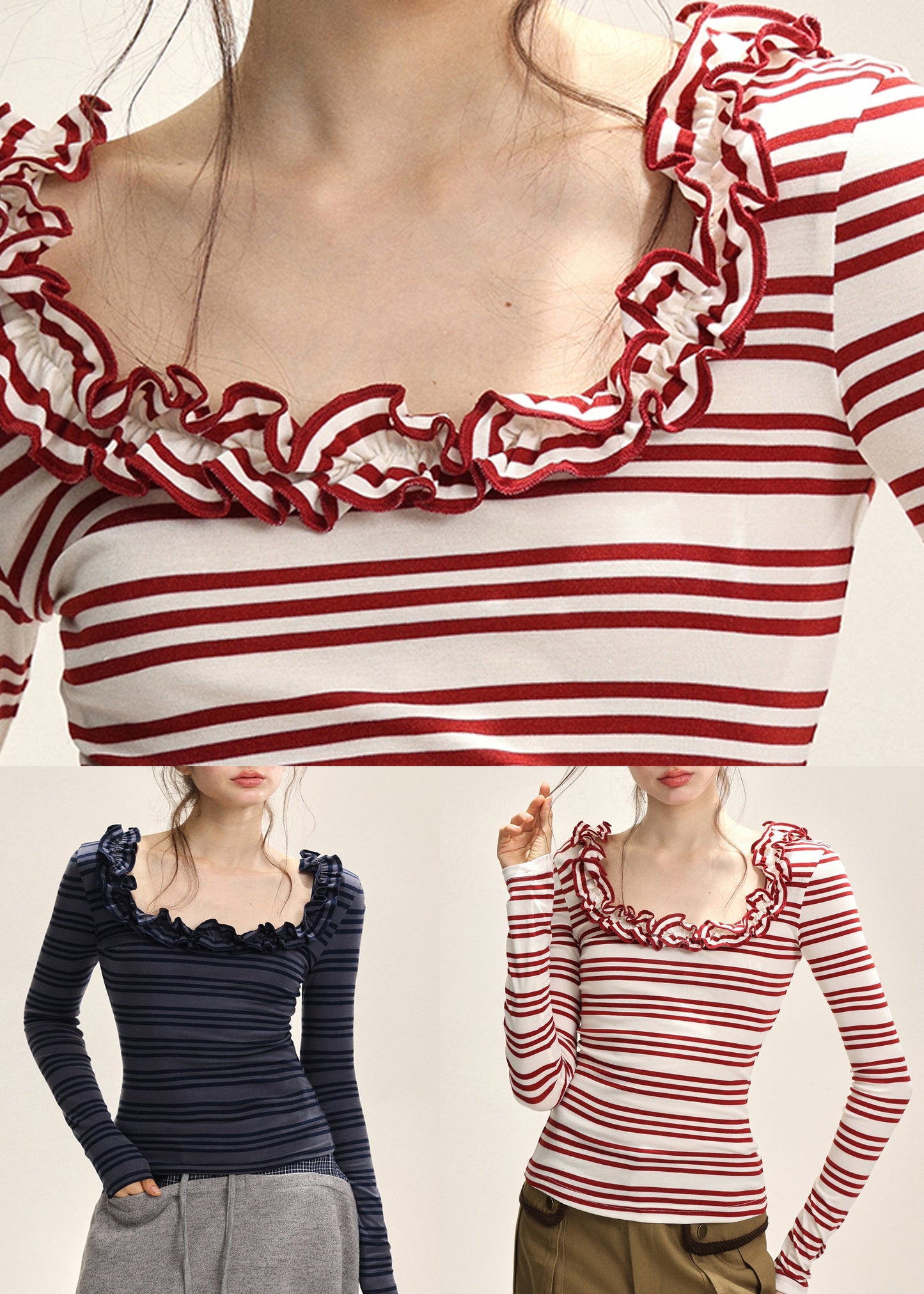 Slim Fit Red White Striped U Neck Top Fall