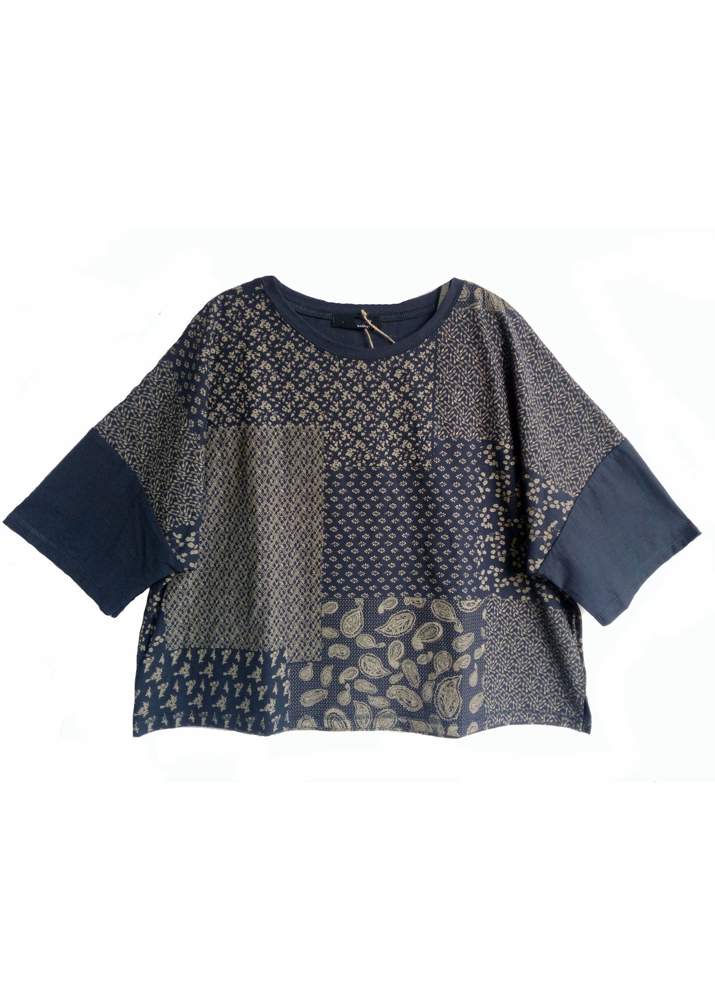 Navy O-neck Patchwork Print Cotton Tanks Half Sleeve