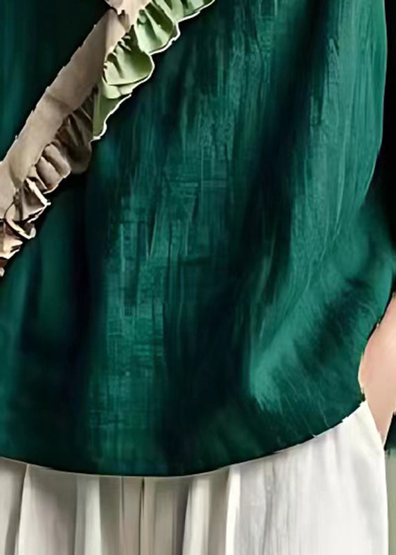 Blackish Green Ruffled Patchwork Linen Top Summer