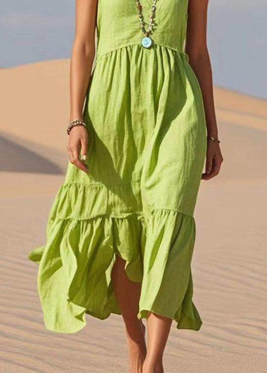 Fruit Green V Neck Cotton Summer Dress Sleeveless