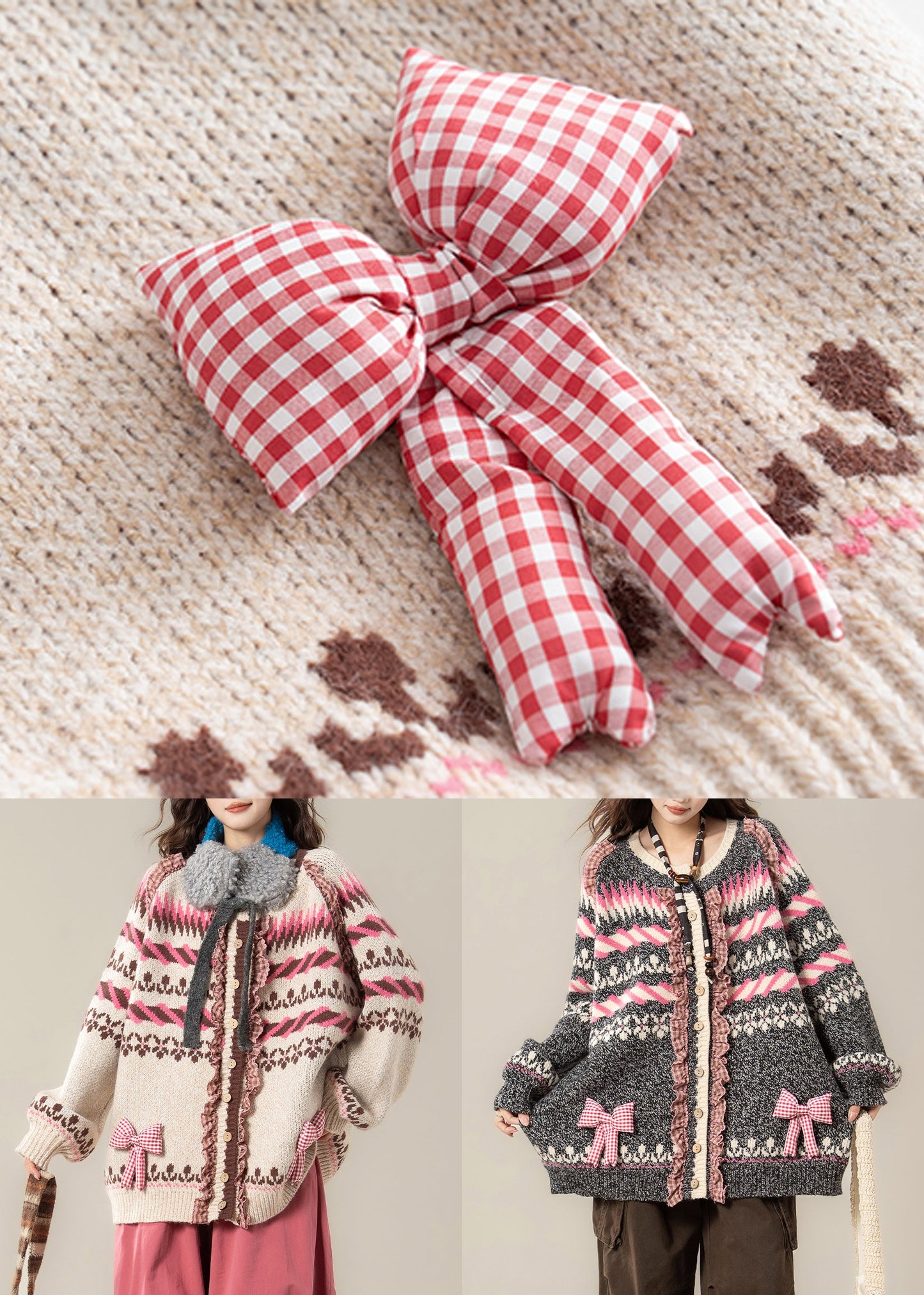 Jacquard Dark Gray Ruffled Bow Patchwork Knit Coats Spring