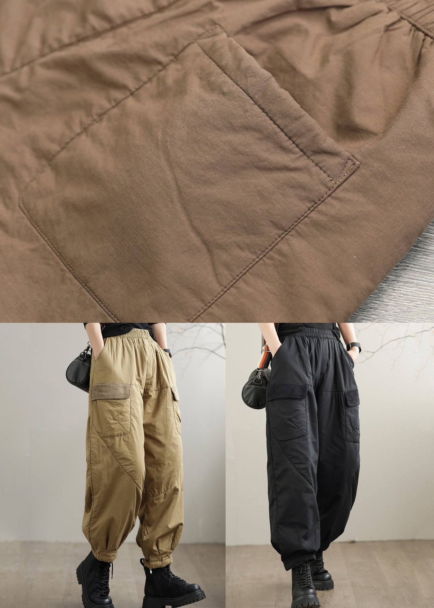 Khaki Pockets Patchwork Fine Cotton Filled Pants Winter
