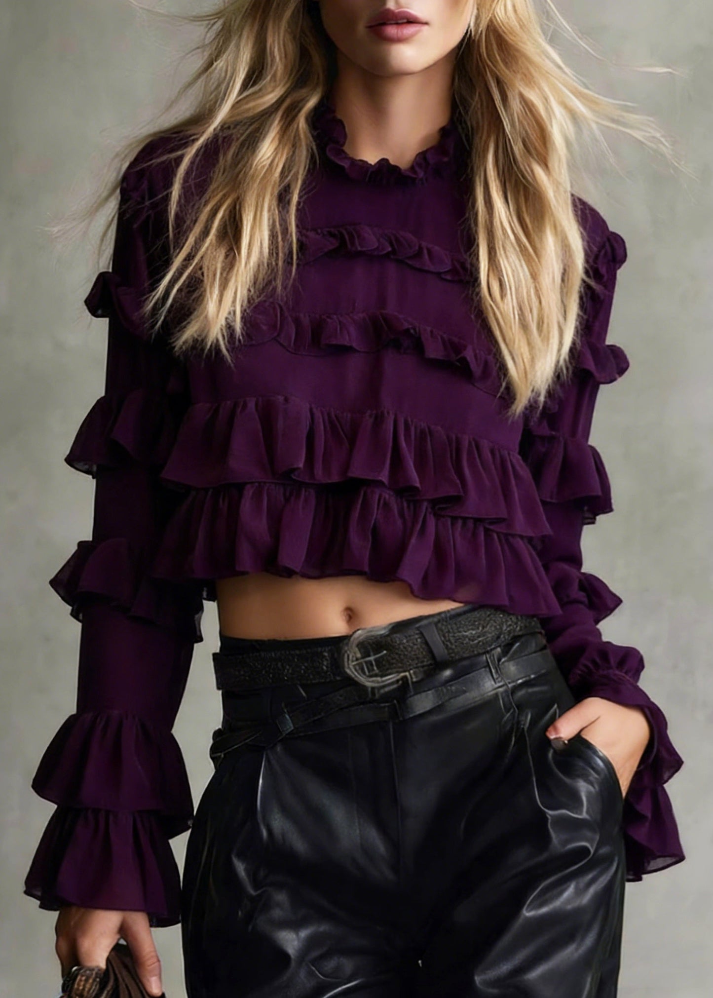 Purple Ruffled Patchwork Chiffon Blouse Tops Spring