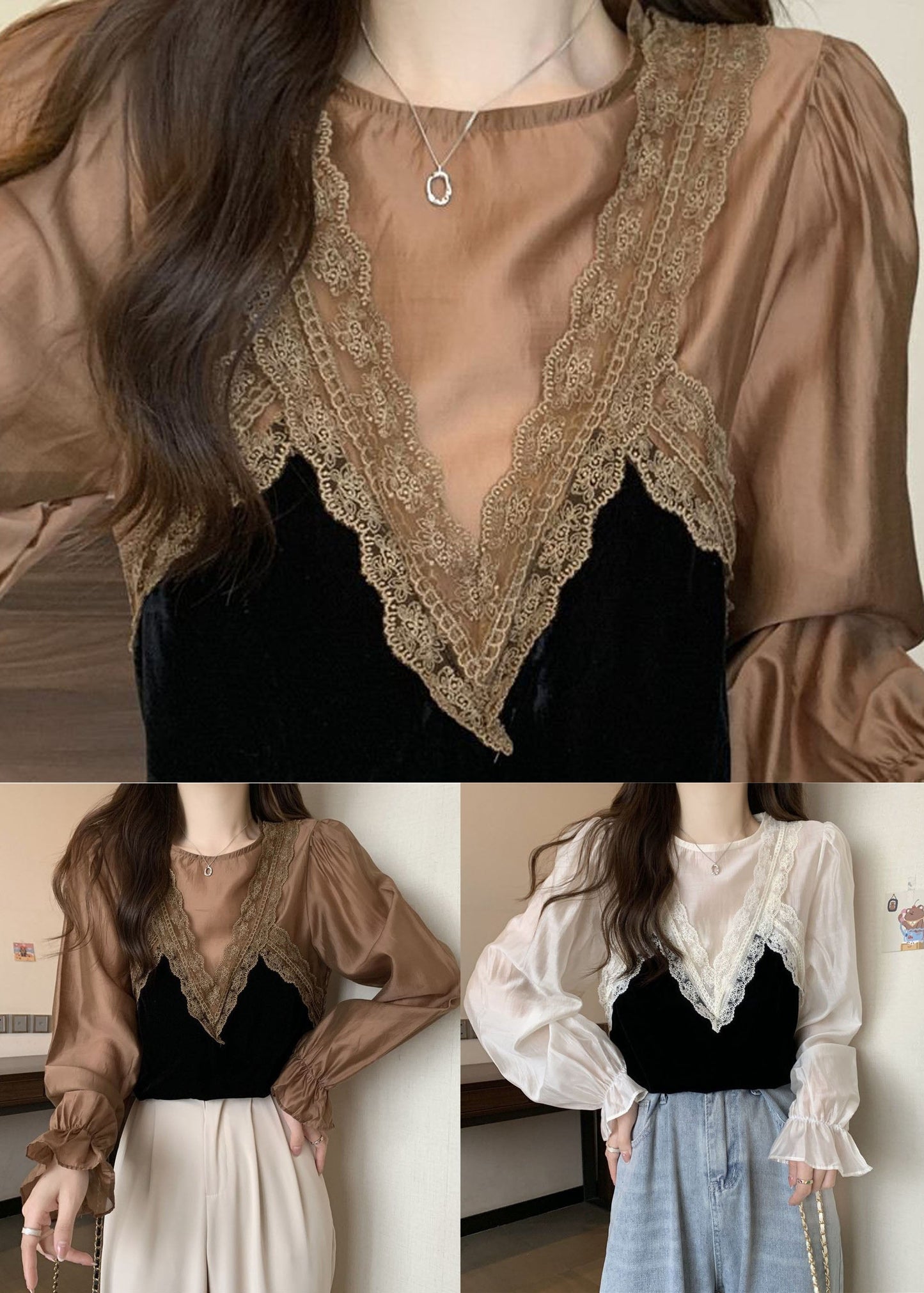 Khaki Patchwork Lace Silk Velour Shirt Top O-neck Lantern Sleeve