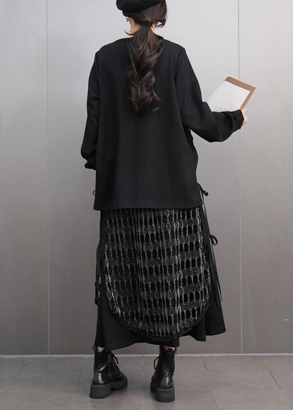 Unique Black O-neck Plaid Patchwork Top and Maxi Skirts Two Piece Set Spring