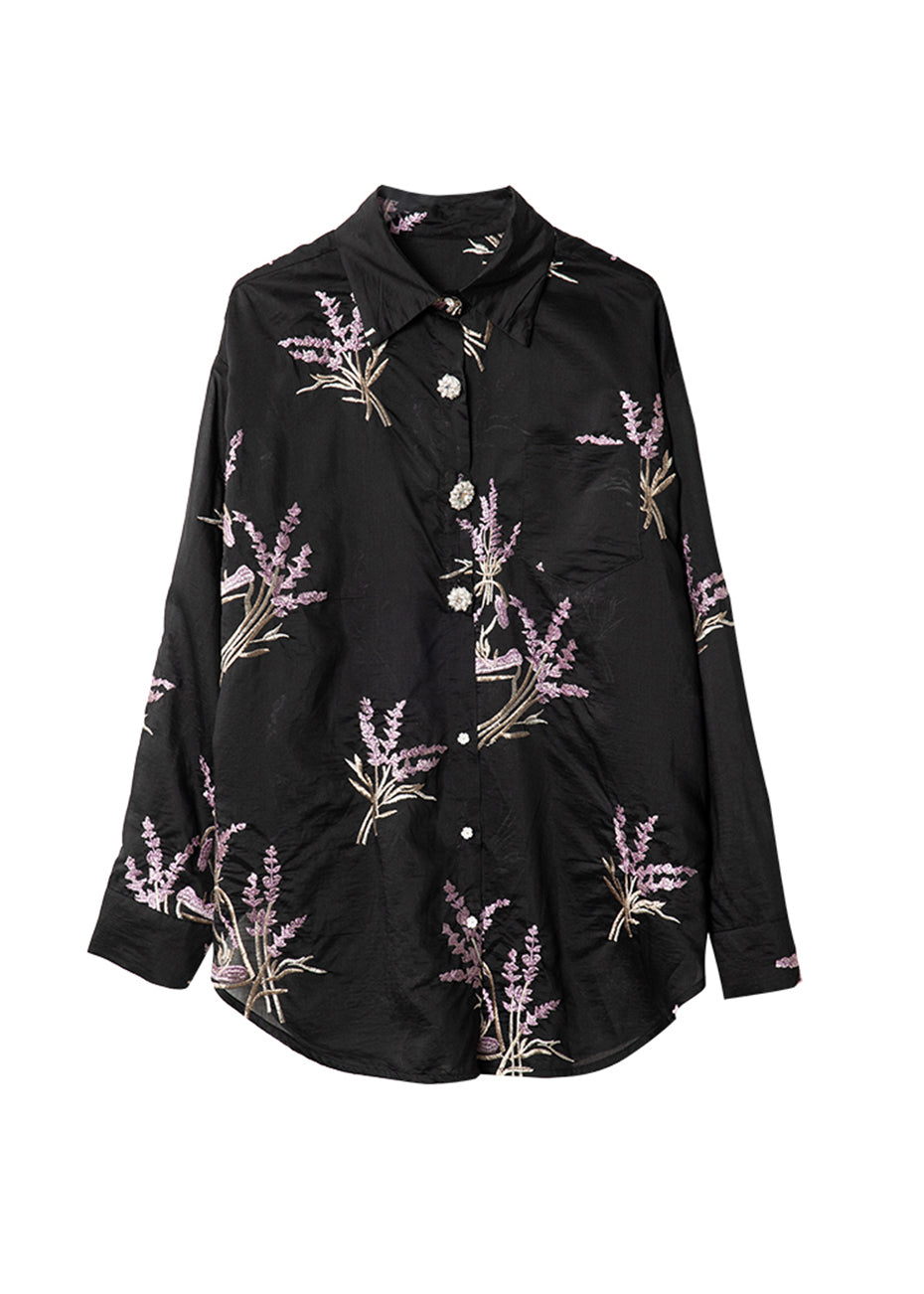 Black Peter Pan Collar Embroidered Silk Shirt Top Long Sleeve