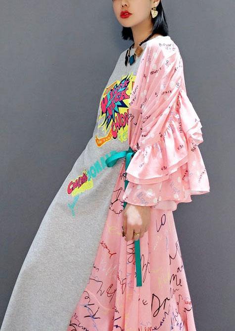Boutique Patchwork O-neck Print Half Sleeve Asymmetrical Design Fall Cotton Long Dress