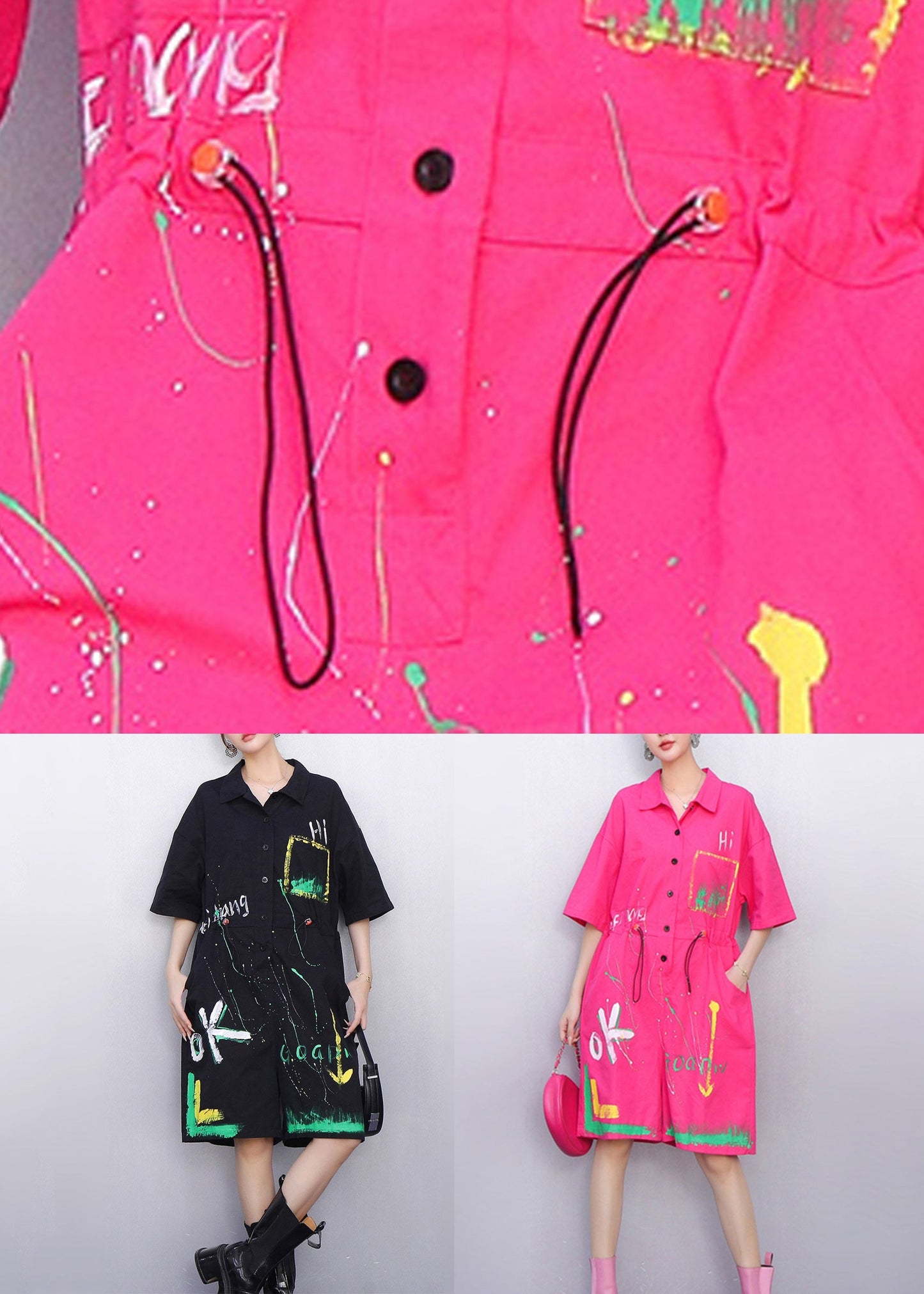 Pink Playful Graffiti Cotton Summer Jumpsuits Peter Pan Collar