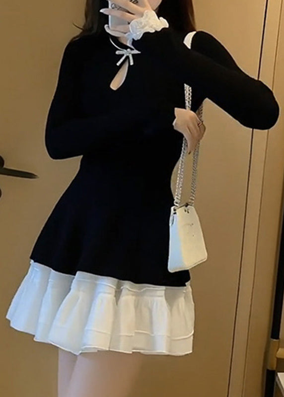 French Black O-neck Patchwork Vacation Mid Dress Fall