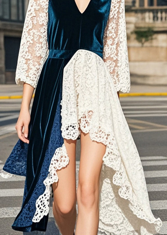 Navy Asymmetrical Lace Patchwork Silk Velour Dresses Summer