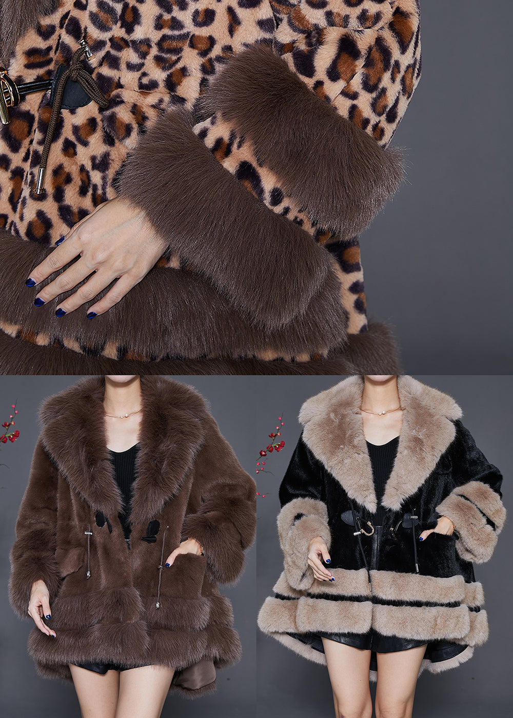 Leopard Print Faux Leather and Fur Coats Oversized Drawstring Winter