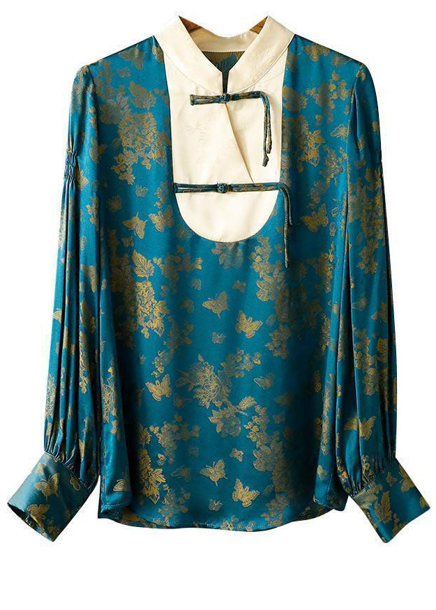 Blue Stand Collar Patchwork Jacquard Silk Shirt Top Fall