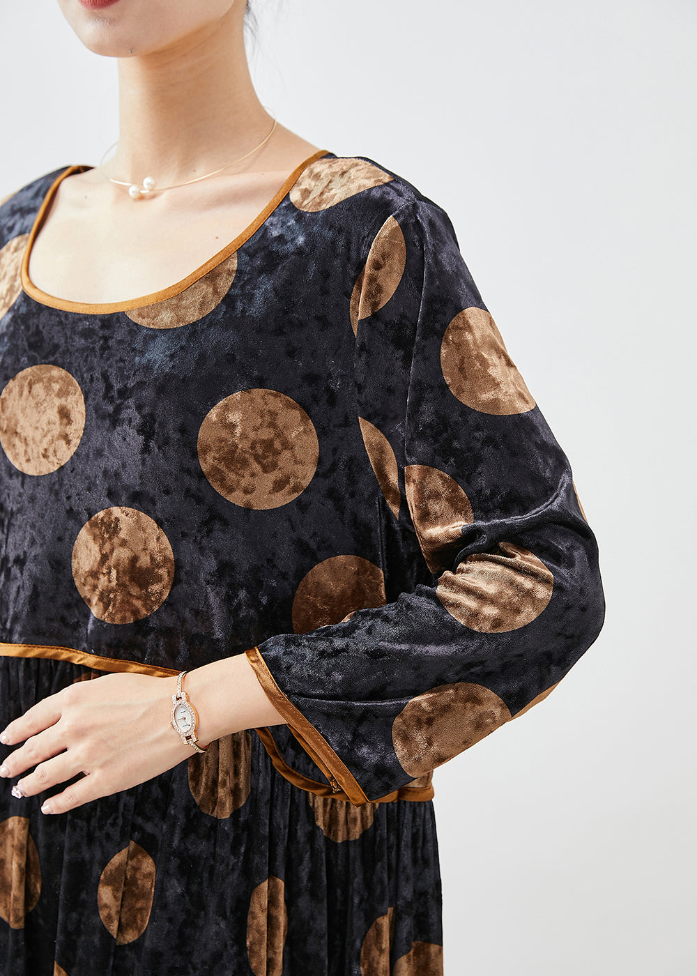Black Oversized Print Silk Velour Long Dress Fall