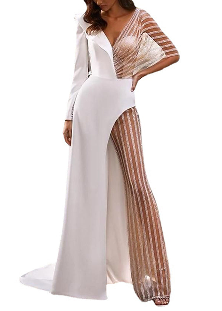 White Asymmetrical Striped Patchwork Maxi Dress Spring
