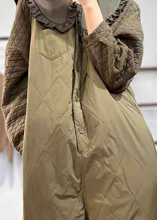 Versatile Green Coffee Button Fine Cotton Filled Jumpsuit Winter