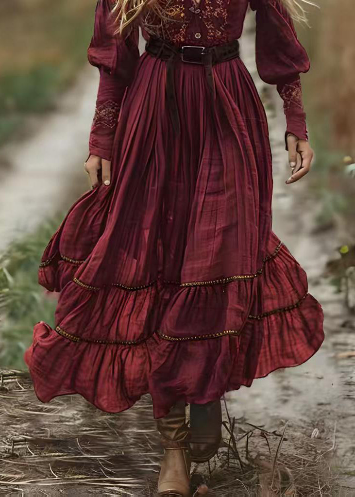 Mulberry V Neck Print Wrinkled Cotton Robe Dresses Spring