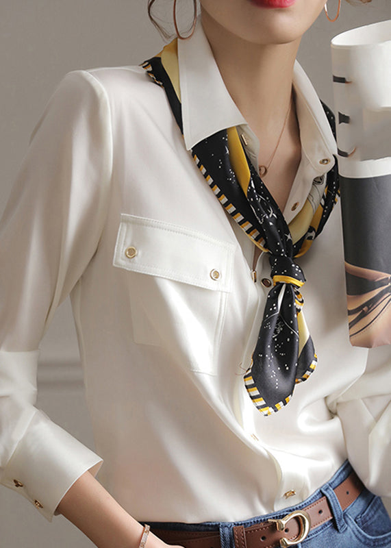 White Peter Pan Collar Pockets Button Silk Shirts Long Sleeve