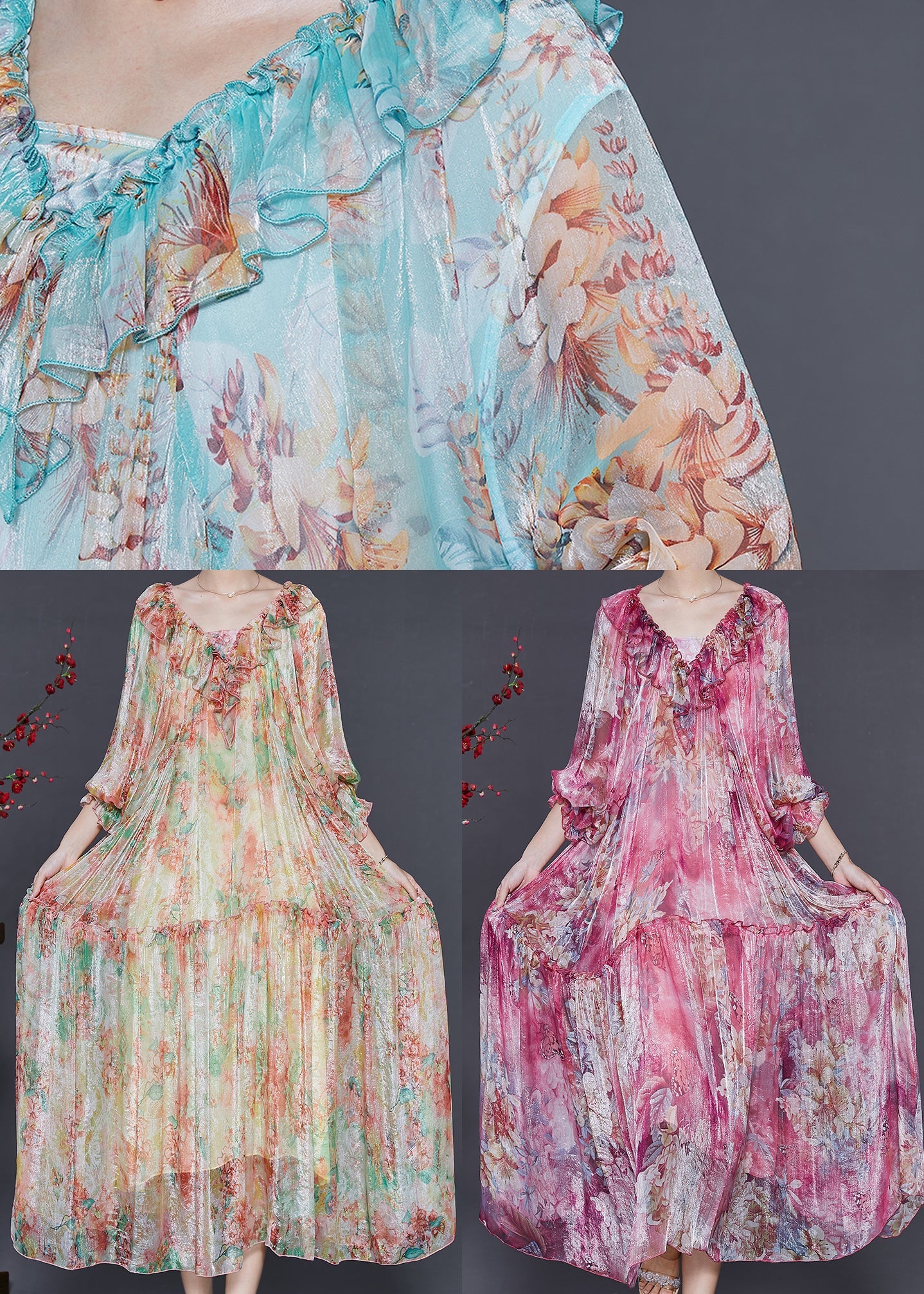 Rose Ruffles Print Silk Party Dress Spring