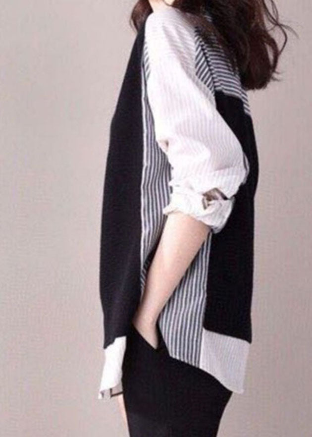 Black O-neck Striped Patchwork Shirt Fake Two Top Spring