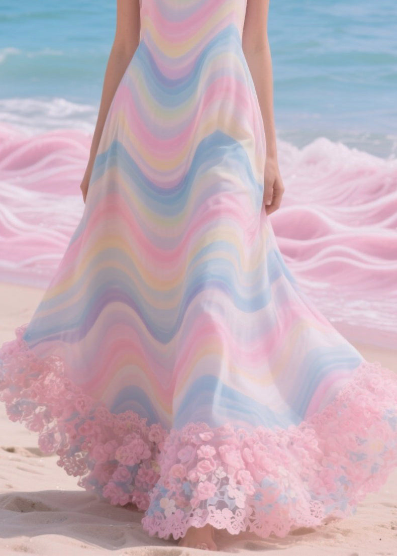Rainbow Patchwork Flower Lace Chiffon Beach Dress Summer