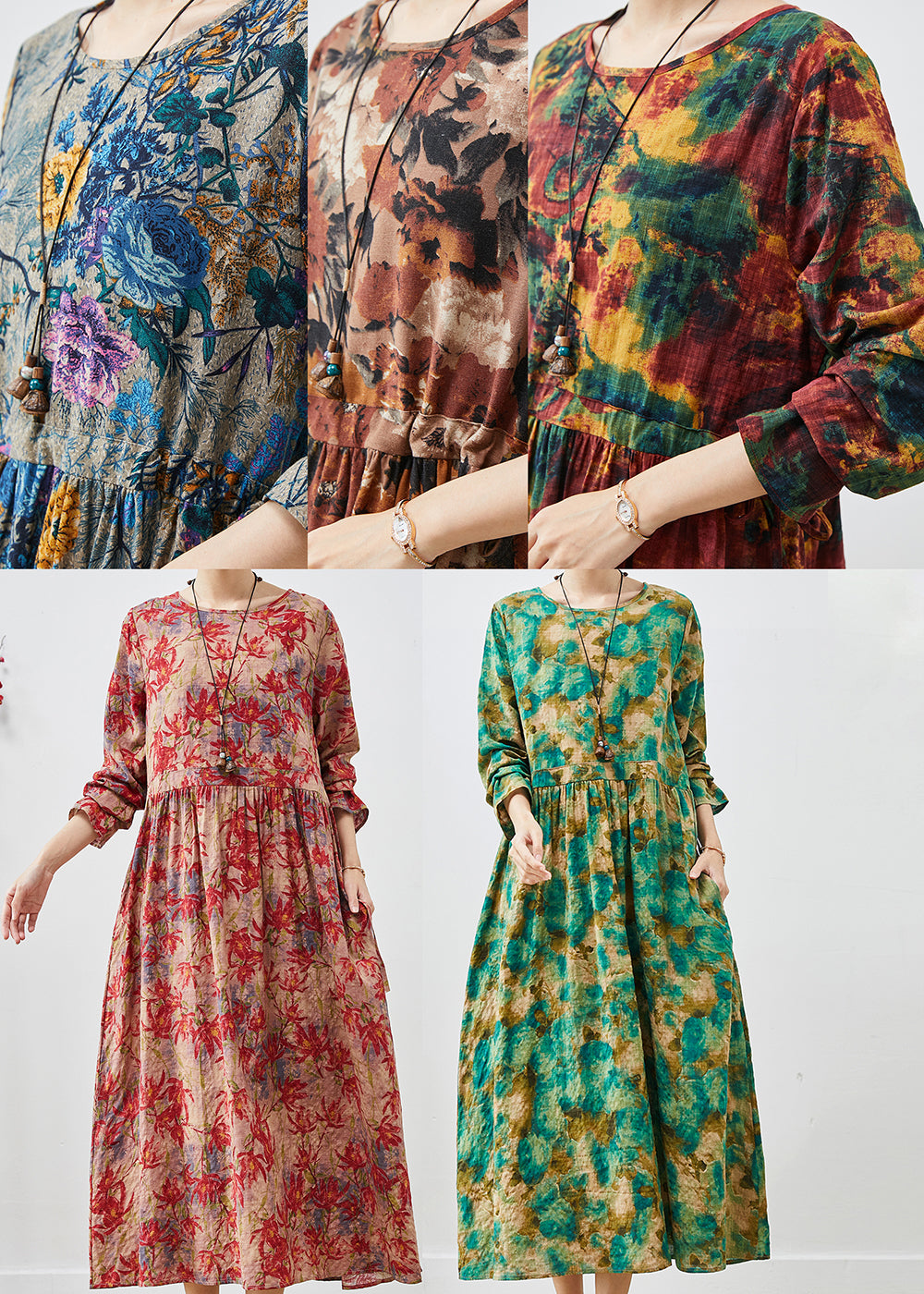 Green Cinched Print Cotton Long Dress Spring