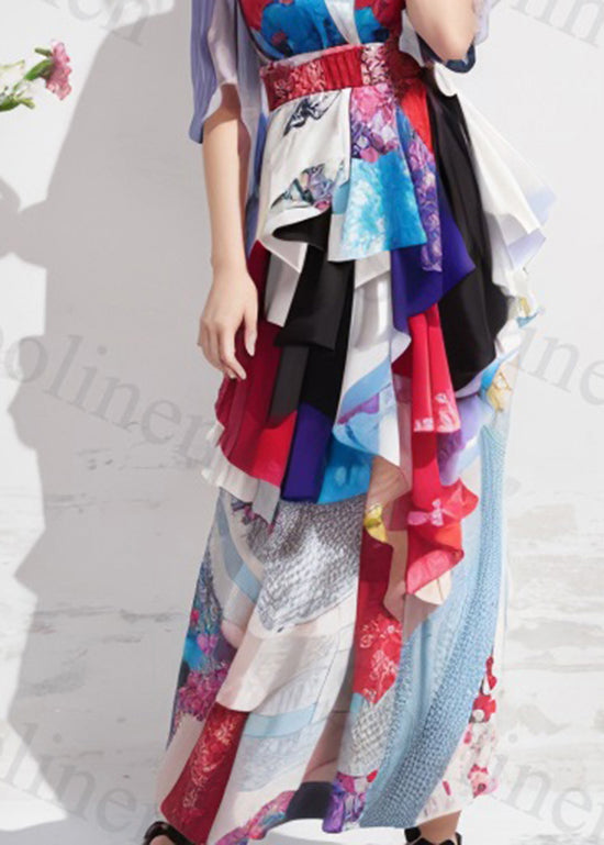 Print Asymmetrical Patchwork Silk Ankle Dress Summer